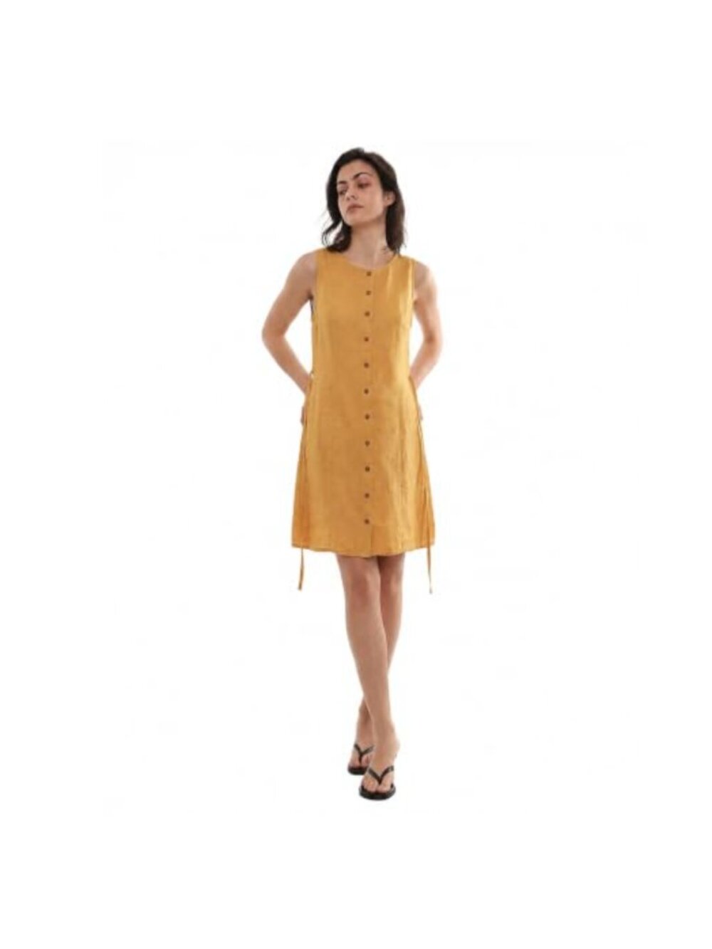Ginger Pure Linen Sleeveless Mini Dress with Belt Button Front
